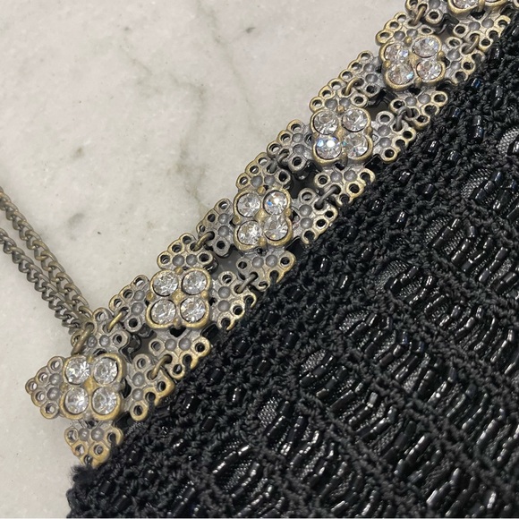 Vintage-style Black beaded evening purse with silver and rhinestone detail. - Picture 2 of 5